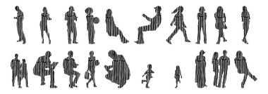 Vektör siluetleri, insanların ana hatları, Contour çizimleri, insanların siluetleri, ikon kümesi izole edilmiş, oturan insanların silueti, mimari set