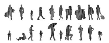 Vektör siluetleri, insanların ana hatları, Contour çizimleri, insanların siluetleri, ikon kümesi izole edilmiş, oturan insanların silueti, mimari set