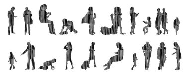 Vektör siluetleri, insanların ana hatları, Contour çizimleri, insanların siluetleri, ikon kümesi izole edilmiş, oturan insanların silueti, mimari set