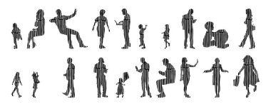 Vektör siluetleri, insanların ana hatları, Contour çizimleri, insanların siluetleri, ikon kümesi izole edilmiş, oturan insanların silueti, mimari set