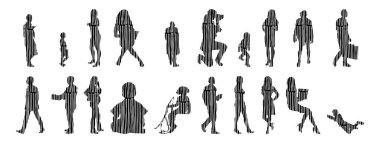 Vektör siluetleri, insanların ana hatları, Contour çizimleri, insanların siluetleri, ikon kümesi izole edilmiş, oturan insanların silueti, mimari set