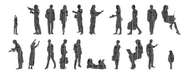 Vektör siluetleri, insanların ana hatları, Contour çizimleri, insanların siluetleri, ikon kümesi izole edilmiş, oturan insanların silueti, mimari set