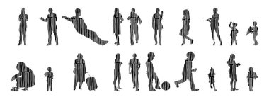 Vektör siluetleri, insanların ana hatları, Contour çizimleri, insanların siluetleri, ikon kümesi izole edilmiş, oturan insanların silueti, mimari set