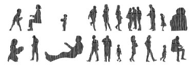 Vektör siluetleri, insanların ana hatları, Contour çizimleri, insanların siluetleri, ikon kümesi izole edilmiş, oturan insanların silueti, mimari set