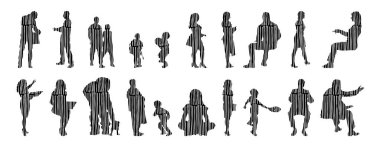 Vektör siluetleri, insanların ana hatları, Contour çizimleri, insanların siluetleri, ikon kümesi izole edilmiş, oturan insanların silueti, mimari set