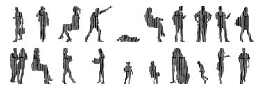 Vektör siluetleri, insanların ana hatları, Contour çizimleri, insanların siluetleri, ikon kümesi izole edilmiş, oturan insanların silueti, mimari set