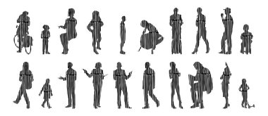 Vektör siluetleri, insanların ana hatları, Contour çizimleri, insanların siluetleri, ikon kümesi izole edilmiş, oturan insanların silueti, mimari set