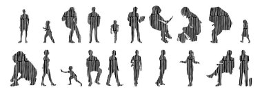 Vektör siluetleri, insanların ana hatları, Contour çizimleri, insanların siluetleri, ikon kümesi izole edilmiş, oturan insanların silueti, mimari set