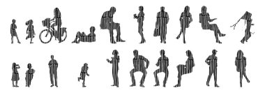 Vektör siluetleri, insanların ana hatları, Contour çizimleri, insanların siluetleri, ikon kümesi izole edilmiş, oturan insanların silueti, mimari set