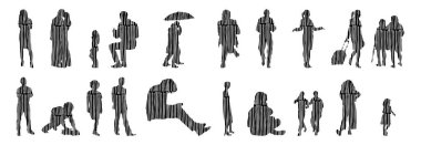 Vektör siluetleri, insanların ana hatları, Contour çizimleri, insanların siluetleri, ikon kümesi izole edilmiş, oturan insanların silueti, mimari set