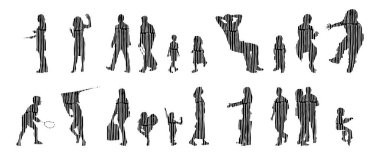 Vektör siluetleri, insanların ana hatları, Contour çizimleri, insanların siluetleri, ikon kümesi izole edilmiş, oturan insanların silueti, mimari set