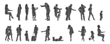 Vektör siluetleri, insanların ana hatları, Contour çizimleri, insanların siluetleri, ikon kümesi izole edilmiş, oturan insanların silueti, mimari set