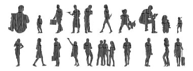 Vektör siluetleri, insanların ana hatları, Contour çizimleri, insanların siluetleri, ikon kümesi izole edilmiş, oturan insanların silueti, mimari set