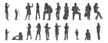 Vektör siluetleri, insanların ana hatları, Contour çizimleri, insanların siluetleri, ikon kümesi izole edilmiş, oturan insanların silueti, mimari set