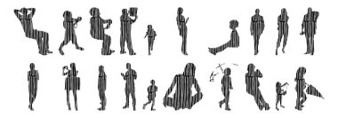 Vektör siluetleri, insanların ana hatları, Contour çizimleri, insanların siluetleri, ikon kümesi izole edilmiş, oturan insanların silueti, mimari set