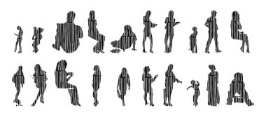 Vektör siluetleri, insanların ana hatları, Contour çizimleri, insanların siluetleri, ikon kümesi izole edilmiş, oturan insanların silueti, mimari set