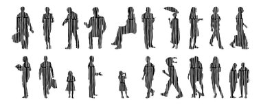 Vektör siluetleri, insanların ana hatları, Contour çizimleri, insanların siluetleri, ikon kümesi izole edilmiş, oturan insanların silueti, mimari set