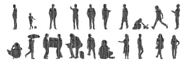 Vektör siluetleri, insanların ana hatları, Contour çizimleri, insanların siluetleri, ikon kümesi izole edilmiş, oturan insanların silueti, mimari set