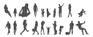 Vektör siluetleri, insanların ana hatları, Contour çizimleri, insanların siluetleri, ikon kümesi izole edilmiş, oturan insanların silueti, mimari set