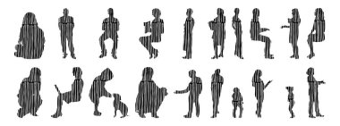 Vektör siluetleri, insanların ana hatları, Contour çizimleri, insanların siluetleri, ikon kümesi izole edilmiş, oturan insanların silueti, mimari set