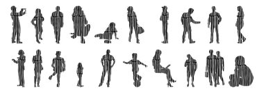 Vektör siluetleri, insanların ana hatları, Contour çizimleri, insanların siluetleri, ikon kümesi izole edilmiş, oturan insanların silueti, mimari set