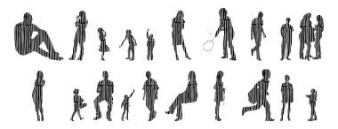 Vektör siluetleri, insanların ana hatları, Contour çizimleri, insanların siluetleri, ikon kümesi izole edilmiş, oturan insanların silueti, mimari set