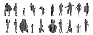 Vektör siluetleri, insanların ana hatları, Contour çizimleri, insanların siluetleri, ikon kümesi izole edilmiş, oturan insanların silueti, mimari set