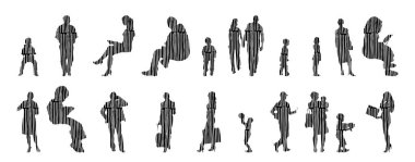 Vektör siluetleri, insanların ana hatları, Contour çizimleri, insanların siluetleri, ikon kümesi izole edilmiş, oturan insanların silueti, mimari set