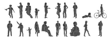 Vektör siluetleri, insanların ana hatları, Contour çizimleri, insanların siluetleri, ikon kümesi izole edilmiş, oturan insanların silueti, mimari set