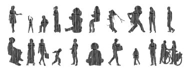 Vektör siluetleri, insanların ana hatları, Contour çizimleri, insanların siluetleri, ikon kümesi izole edilmiş, oturan insanların silueti, mimari set