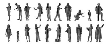 Vektör siluetleri, insanların ana hatları, Contour çizimleri, insanların siluetleri, ikon kümesi izole edilmiş, oturan insanların silueti, mimari set