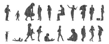 Vektör siluetleri, insanların ana hatları, Contour çizimleri, insanların siluetleri, ikon kümesi izole edilmiş, oturan insanların silueti, mimari set