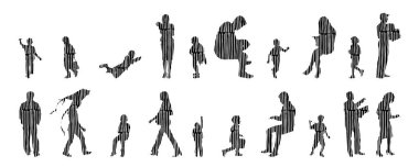 Vektör siluetleri, insanların ana hatları, Contour çizimleri, insanların siluetleri, ikon kümesi izole edilmiş, oturan insanların silueti, mimari set