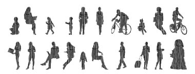 Vektör siluetleri, insanların ana hatları, Contour çizimleri, insanların siluetleri, ikon kümesi izole edilmiş, oturan insanların silueti, mimari set