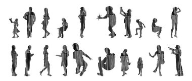 Vektör siluetleri, insanların ana hatları, Contour çizimleri, insanların siluetleri, ikon kümesi izole edilmiş, oturan insanların silueti, mimari set