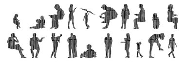 Vektör siluetleri, insanların ana hatları, Contour çizimleri, insanların siluetleri, ikon kümesi izole edilmiş, oturan insanların silueti, mimari set