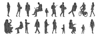 Vektör siluetleri, insanların ana hatları, Contour çizimleri, insanların siluetleri, ikon kümesi izole edilmiş, oturan insanların silueti, mimari set