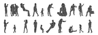 Vektör siluetleri, insanların ana hatları, Contour çizimleri, insanların siluetleri, ikon kümesi izole edilmiş, oturan insanların silueti, mimari set