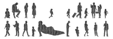 Vektör siluetleri, insanların ana hatları, Contour çizimleri, insanların siluetleri, ikon kümesi izole edilmiş, oturan insanların silueti, mimari set