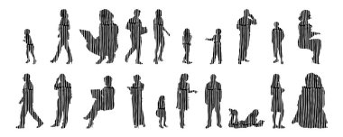 Vektör siluetleri, insanların ana hatları, Contour çizimleri, insanların siluetleri, ikon kümesi izole edilmiş, oturan insanların silueti, mimari set