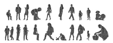 Vektör siluetleri, insanların ana hatları, Contour çizimleri, insanların siluetleri, ikon kümesi izole edilmiş, oturan insanların silueti, mimari set