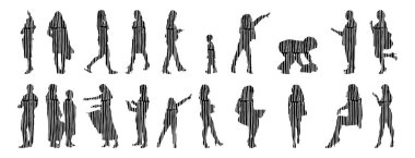 Vektör siluetleri, insanların ana hatları, Contour çizimleri, insanların siluetleri, ikon kümesi izole edilmiş, oturan insanların silueti, mimari set