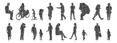 Vektör siluetleri, insanların ana hatları, Contour çizimleri, insanların siluetleri, ikon kümesi izole edilmiş, oturan insanların silueti, mimari set