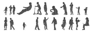 Vektör siluetleri, insanların ana hatları, Contour çizimleri, insanların siluetleri, ikon kümesi izole edilmiş, oturan insanların silueti, mimari set