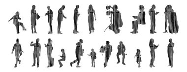 Vektör siluetleri, insanların ana hatları, Contour çizimleri, insanların siluetleri, ikon kümesi izole edilmiş, oturan insanların silueti, mimari set