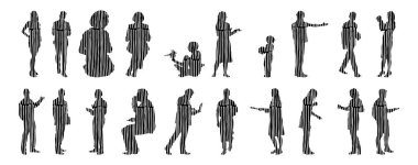 Vektör siluetleri, insanların ana hatları, Contour çizimleri, insanların siluetleri, ikon kümesi izole edilmiş, oturan insanların silueti, mimari set