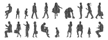 Vektör siluetleri, insanların ana hatları, Contour çizimleri, insanların siluetleri, ikon kümesi izole edilmiş, oturan insanların silueti, mimari set