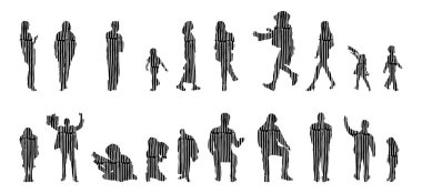 Vektör siluetleri, insanların ana hatları, Contour çizimleri, insanların siluetleri, ikon kümesi izole edilmiş, oturan insanların silueti, mimari set