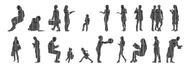 Vektör siluetleri, insanların ana hatları, Contour çizimleri, insanların siluetleri, ikon kümesi izole edilmiş, oturan insanların silueti, mimari set