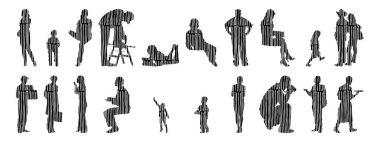 Vektör siluetleri, insanların ana hatları, Contour çizimleri, insanların siluetleri, ikon kümesi izole edilmiş, oturan insanların silueti, mimari set